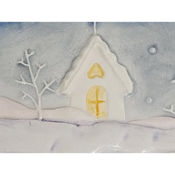 MWW Market Christmas Mini Plate 4.5" Flake Snow Church Trees Blue White - Picture 2 of 3